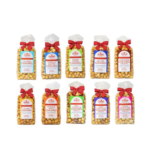 Popsations gourmet caramel popcorn with colorful labels and red bows