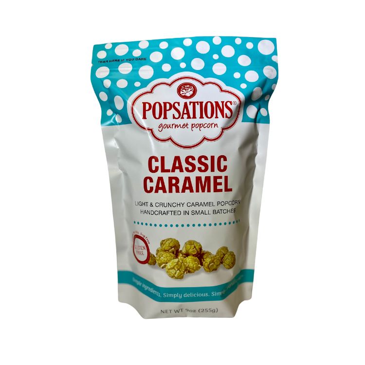 Popsations Classic Caramel popcorn in a resealable bag
